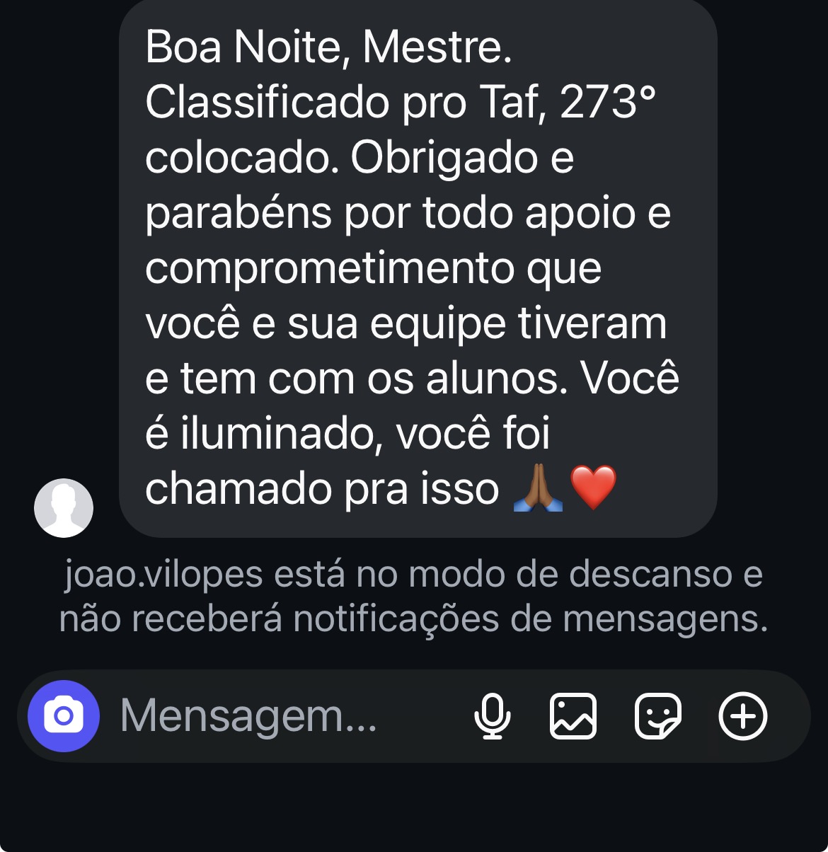 Aluno classificado para o TAF agradece ao curso