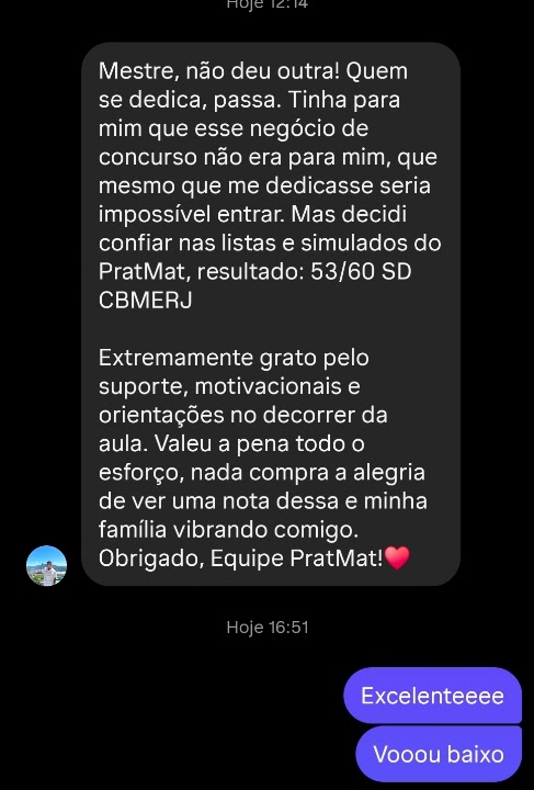 Aluno agradece após alcançar 53 de 60 pontos no CBMERJ