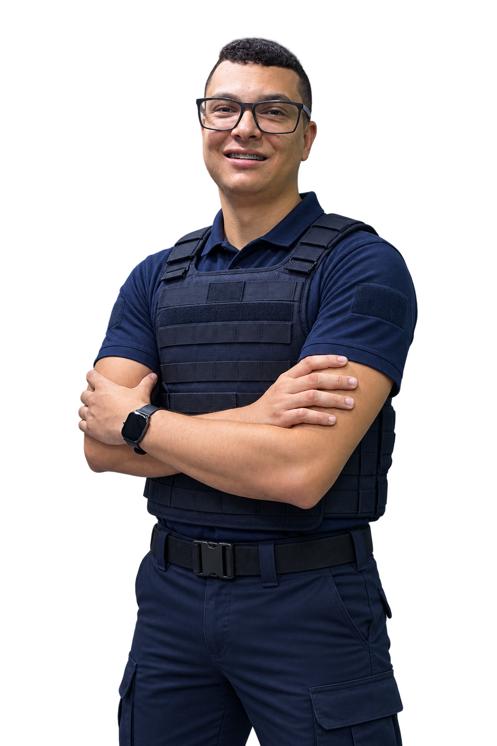 Professor Maicon com os braços cruzados em uma representação ilustrativa com uniforme de guarda municipal